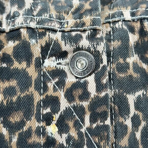 Free People Jacket Womens Small Brown Cheetah Print Denim Oversized Frayed Hem - Picture 3 of 10